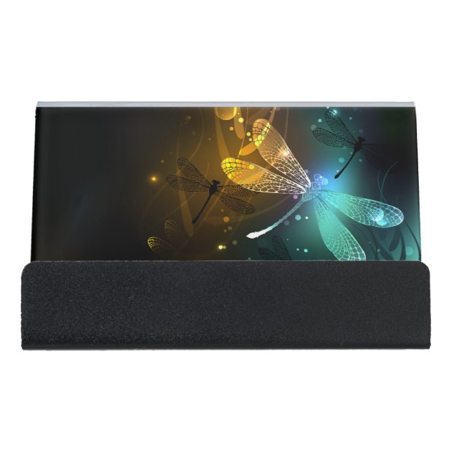Green luminous dragonfly flight desk business card holder (Front)