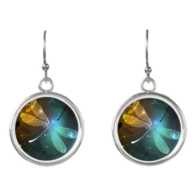 Green luminous dragonfly flight earrings (Front)