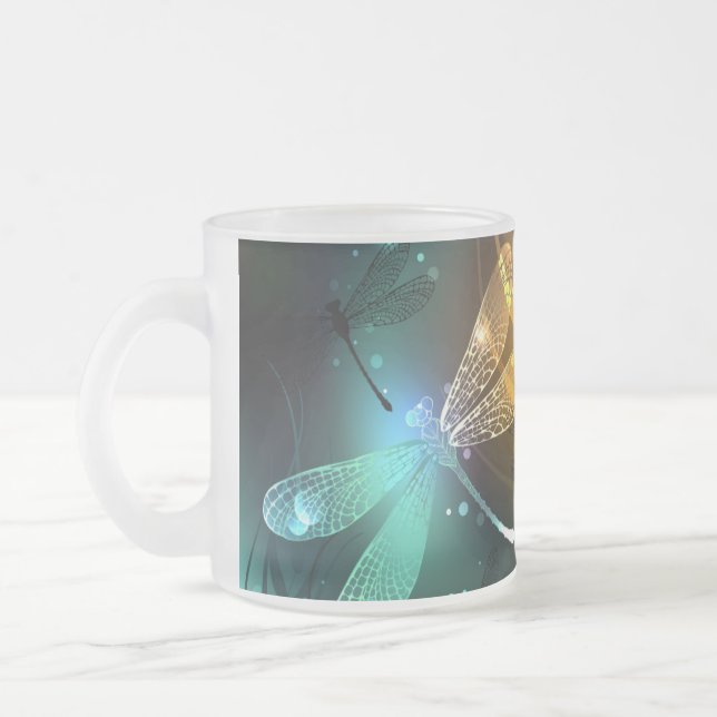 Green luminous dragonfly flight frosted glass coffee mug (Left)