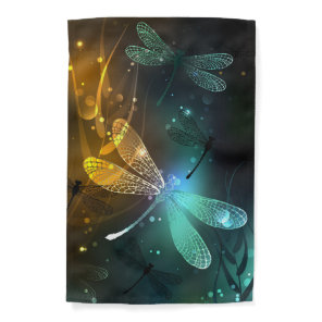 Green luminous dragonfly flight garden flag