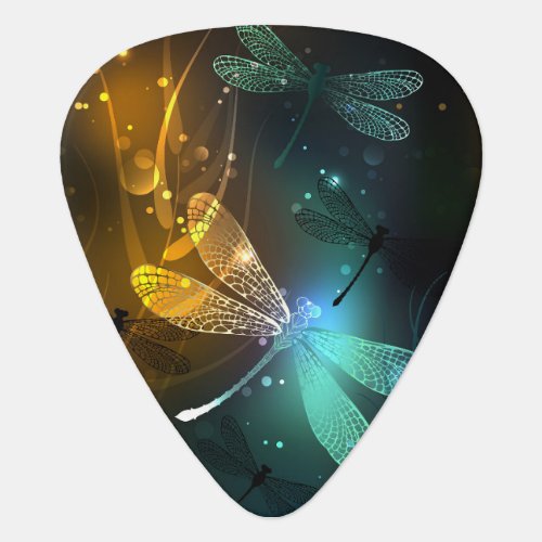 Green luminous dragonfly flight guitar pick