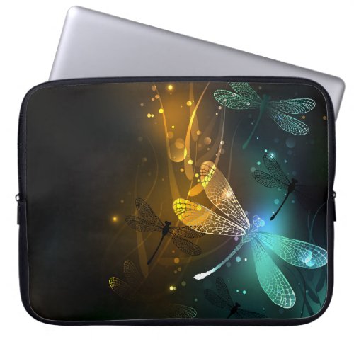 Green luminous dragonfly flight laptop sleeve