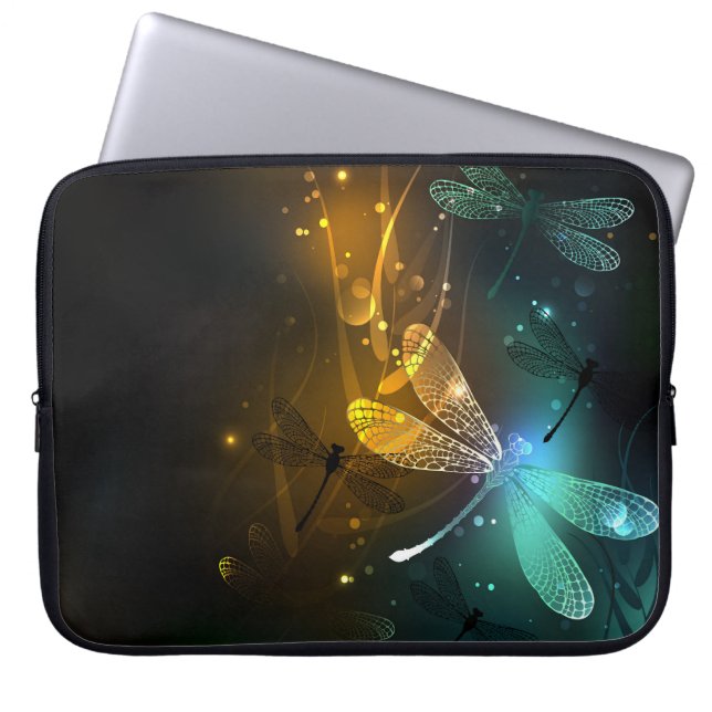 Green luminous dragonfly flight laptop sleeve (Front)