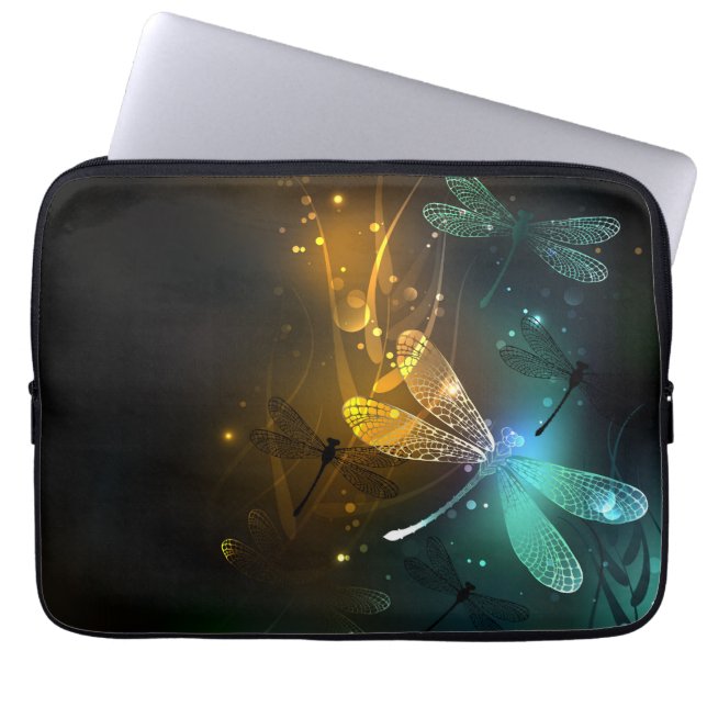 Green luminous dragonfly flight laptop sleeve (Front)