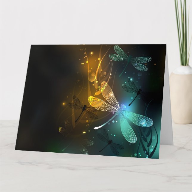 Green luminous dragonfly flight letterpress thank you card (Front)