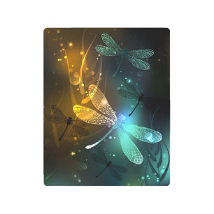 Green luminous dragonfly flight metal print