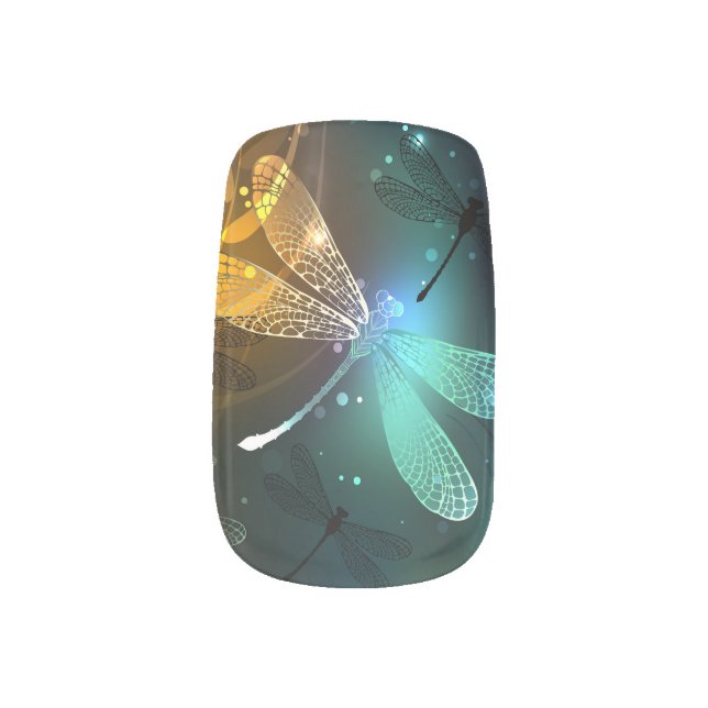 Green luminous dragonfly flight minx nail art (Left Thumb)