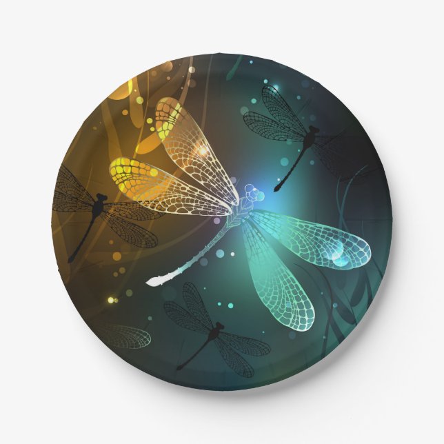 Green luminous dragonfly flight paper plates (Front)