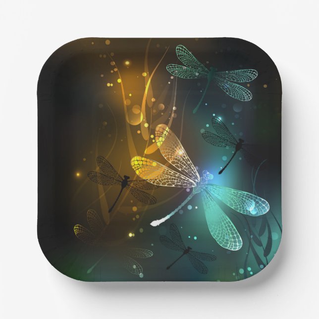 Green luminous dragonfly flight paper plates (Front)