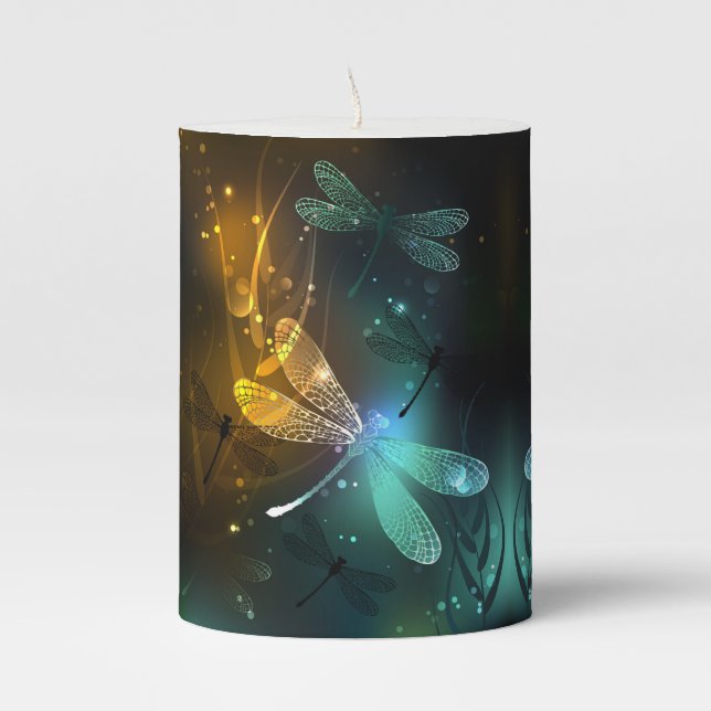 Green luminous dragonfly flight pillar candle (Front)