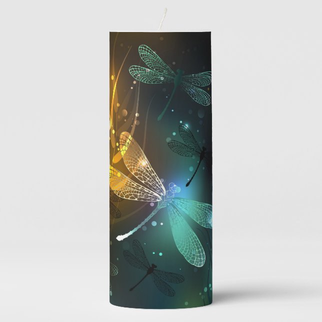 Green luminous dragonfly flight pillar candle (Front)