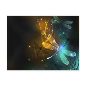 Green luminous dragonfly flight postcard