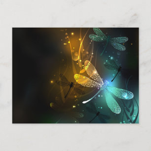 Green luminous dragonfly flight postcard