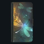 Green luminous dragonfly flight samsung galaxy s5 wallet case<br><div class="desc">Flight of glowing,  green,  artistically drawn dragonfly with transparent green and yellow wings on glowing night background with marsh plants and fireflies. Glowing dragonfly.</div>