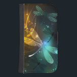 Green luminous dragonfly flight galaxy s4 wallet case<br><div class="desc">Flight of glowing,  green,  artistically drawn dragonfly with transparent green and yellow wings on glowing night background with marsh plants and fireflies. Glowing dragonfly.</div>