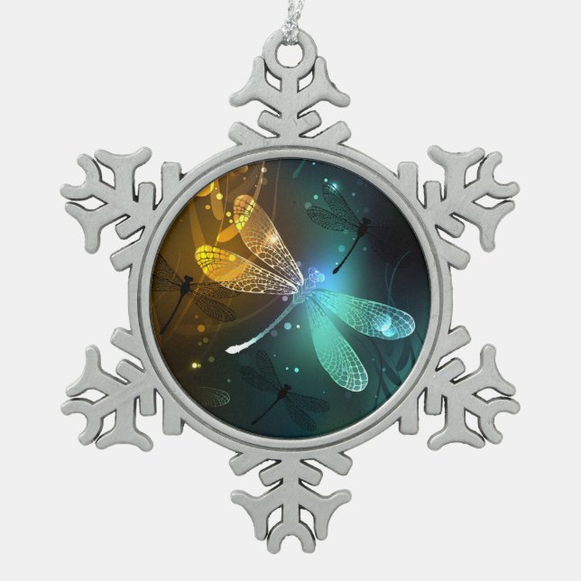 Green luminous dragonfly flight snowflake pewter christmas ornament (Front)
