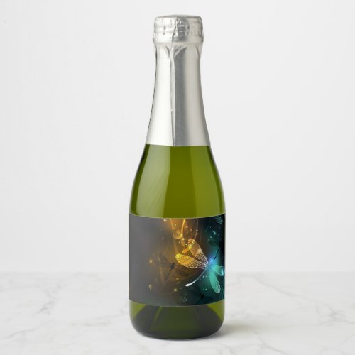 Green luminous dragonfly flight sparkling wine label