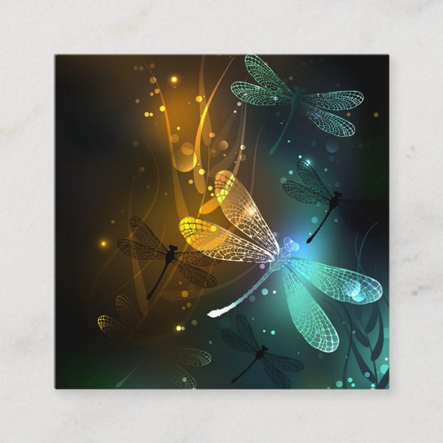 Green luminous dragonfly flight square business card (Front)