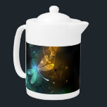 Green luminous dragonfly flight teapot<br><div class="desc">Flight of glowing,  green,  artistically drawn dragonfly with transparent green and yellow wings on glowing night background with marsh plants and fireflies. Glowing dragonfly.</div>