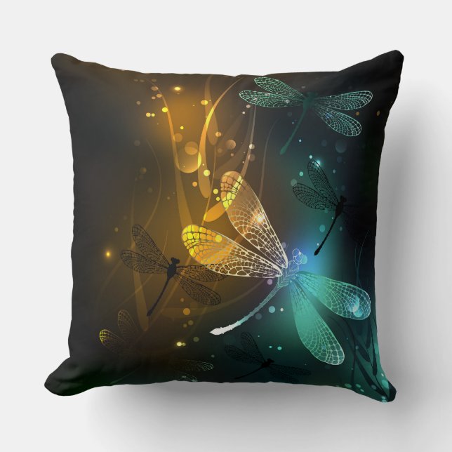 Green luminous dragonfly flight throw pillow (Front)