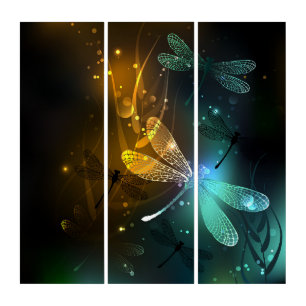 Green luminous dragonfly flight triptych