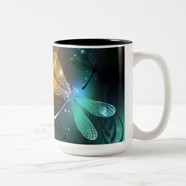 Green luminous dragonfly flight Two-Tone coffee mug (Right)