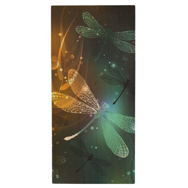 Green luminous dragonfly flight wood flash drive (Front Vertical)
