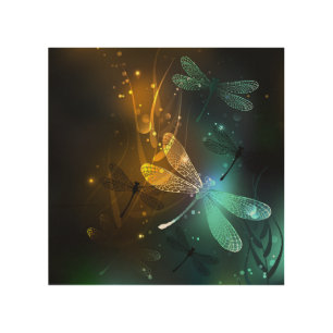 Green luminous dragonfly flight wood wall art