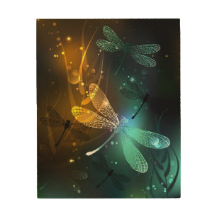 Green luminous dragonfly flight wood wall art