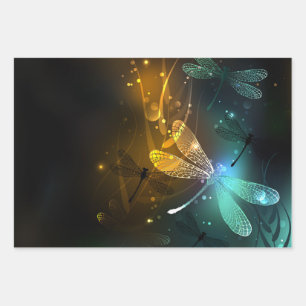 Green luminous dragonfly flight wrapping paper sheets