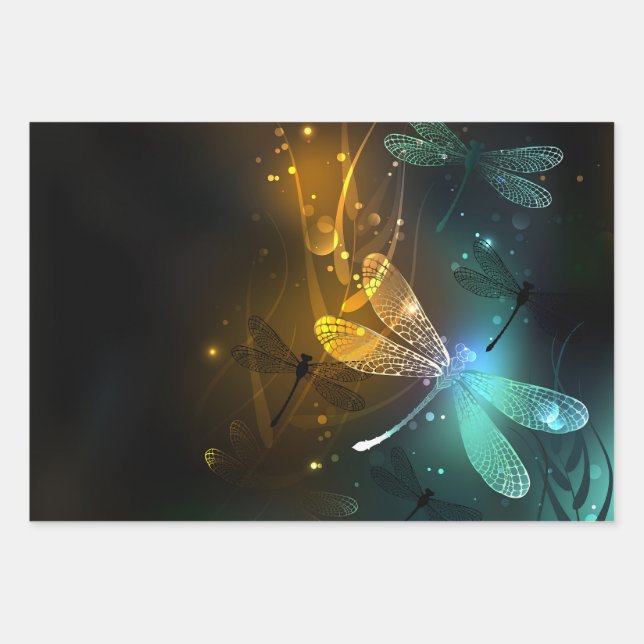 Green luminous dragonfly flight wrapping paper sheets (Front)