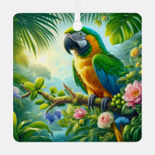 Green macaw tropical floral metal ornament