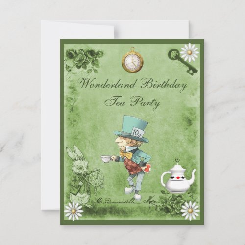 Green Mad Hatter Wonderland Birthday Tea Party Invitation