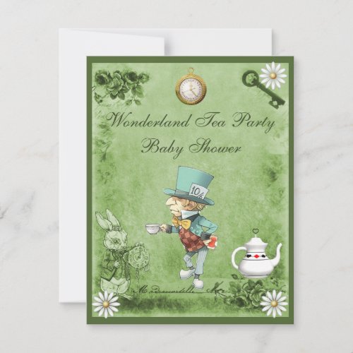 Green Mad Hatter Wonderland Tea Party Baby Shower Invitation