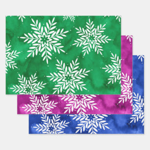 Green Magenta Blue Abstract Watercolor Snowflakes Wrapping Paper Sheets