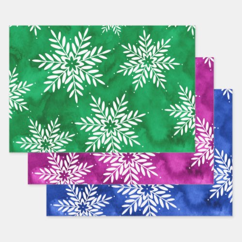 Green Magenta Blue Abstract Watercolor Snowflakes  Wrapping Paper Sheets