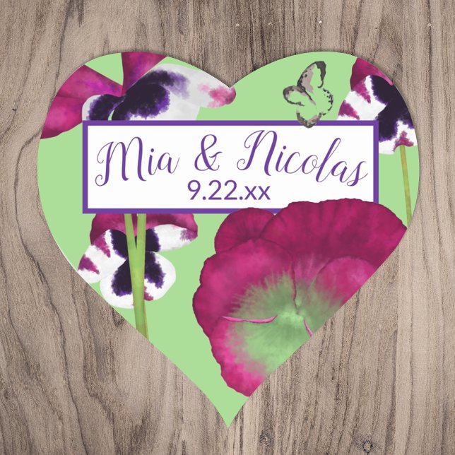 Green, Magenta Flowers Personalized Heart Stickers (spring summer green magenta berry pink pansy heart-shaped wedding monogram bride groom names sticker)