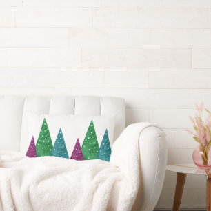 Green Magenta Teal Watercolor Trees Pattern Lumbar Pillow