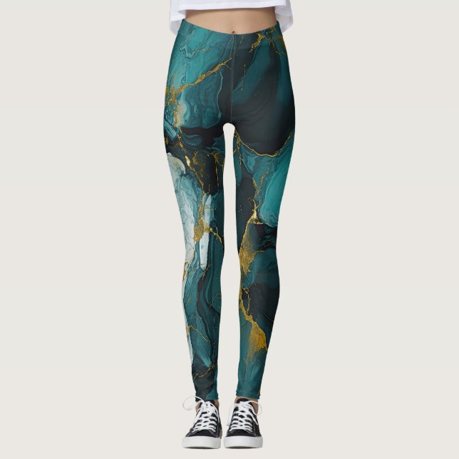 Green magic abstract marble design leggings (Front)