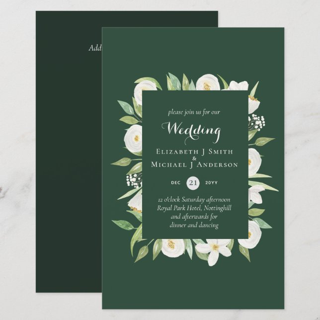 Green Magnolia Floral Budget Wedding Invites A9 (Front/Back)