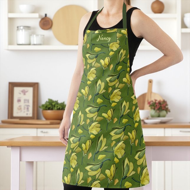 Green Magnolia Floral Personalized  Apron (Elegant green apron with yellow magnolia flowers and custom name, ideal for cooks and gardeners.
)