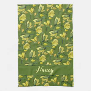 Green Magnolia Floral Personalized Kitchen Towel