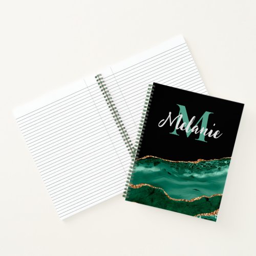 Green Malachite and Gold Glitter Monogrammed  Notebook
