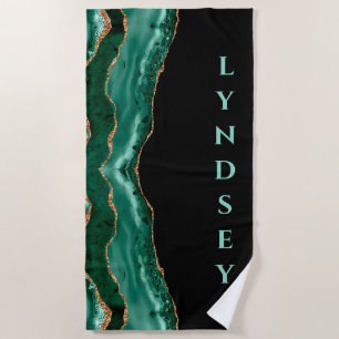 Green Malachite, Gold Glitter - Black - Your Name Beach Towel