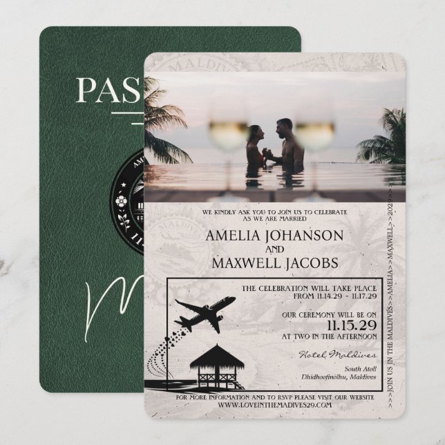 Green Maldives Passport Wedding Invitation (Front/Back)