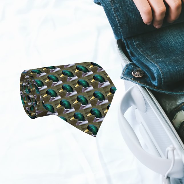 Green Mallard Duck Head Pattern Neck Tie (In Situ (Rolled))