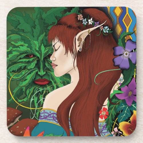 Green Man Elf Fantasy Floral Beverage Coaster