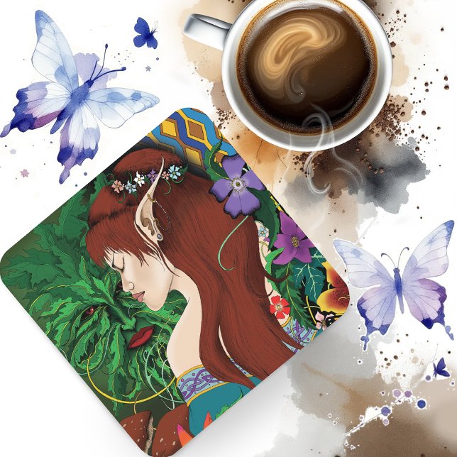 Green Man Elf Fantasy Floral Illustration Beverage Coaster (Creator Uploaded)
