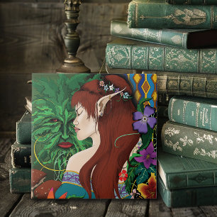 Green Man Elf Fantasy Floral Illustration Ceramic Tile