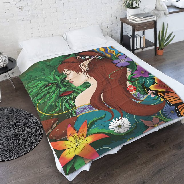 Green Man Elf Fantasy Floral Illustration Fleece Blanket (Creator Uploaded)
